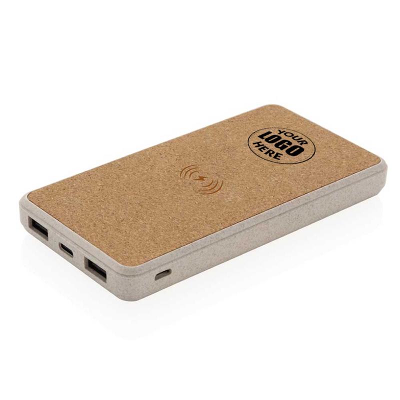 8000 mAh Cork and Wheat Straw Wireless Powerbank with Logo